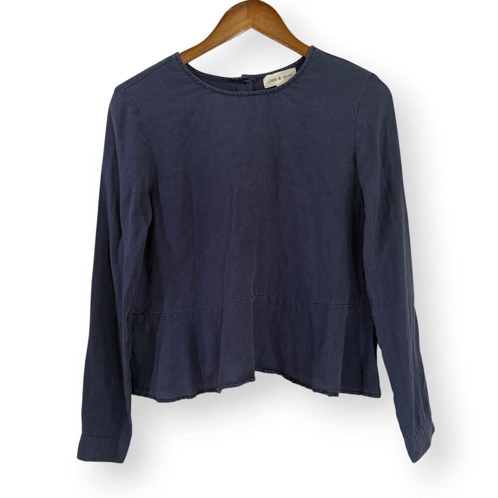 Cloth & Stone Anthropologie Navy Blue Peplum Top XS Long Sleeve Lyocell Boho